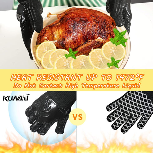 BBQ Gloves, 1472°F Heat Resistant Fireproof Mitts, Silicone Non-Slip Washable Oven Kitchen Gloves for Barbecue, Grilling, Cooking, Baking, Camping...