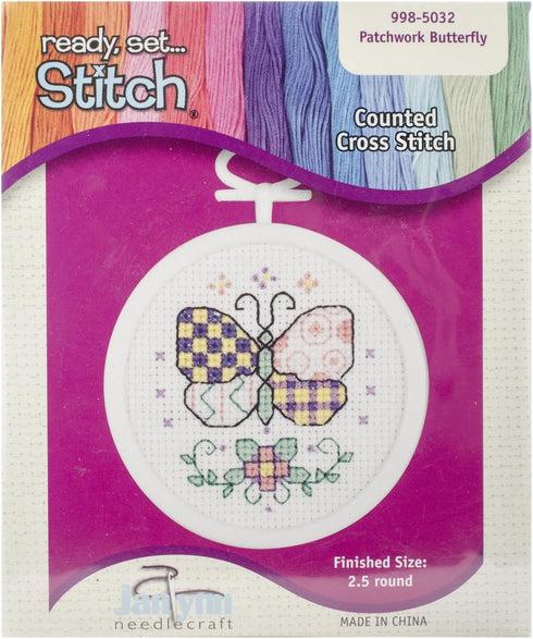 Janlynn 18 Count Round Mini Counted Cross Stitch Kit, 2-1/2-Inch, Patchwork Butterfly...