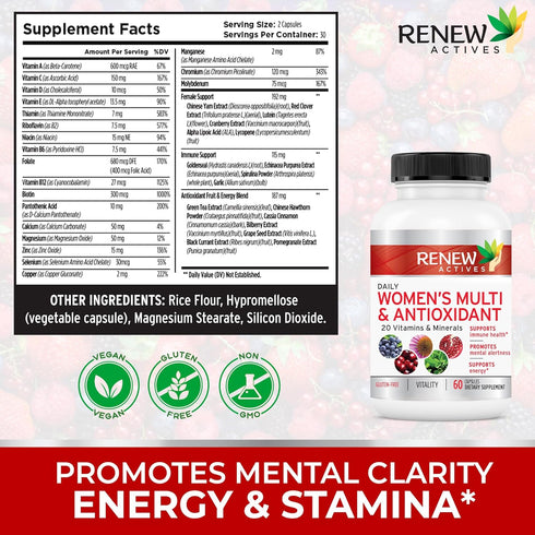 Renew Actives Women's Multi-Vitamin & Antioxidant: Daily Health Supplement for Woman- 20 Vitamins & Minerals - 60 Capsules...