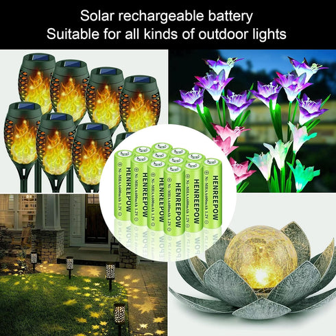 Henreepow Ni-MH AA Rechargeable Batteries, Double A High Capacity 1.2V Pre-Charged for Garden Landscaping Outdoor Solar Lights, String Lights, Pat...