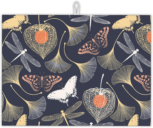 Ginkgo Leaves Dish Drying Rack Mat for Kitchen Counter,Dragonfly Butterfly Dish Drying Pad Absorbent Reversible Microfiber Protector for Coffee Ba...