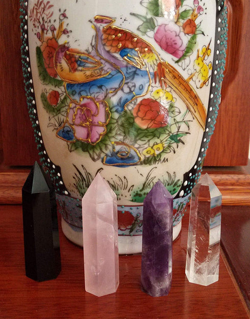 Healing Crystal Wands,2" Amethyst Crystal, Rose Quartz,Clear Quartz and Black Obsidian?6 Faceted Reiki Chakra Stones 4 pcs...