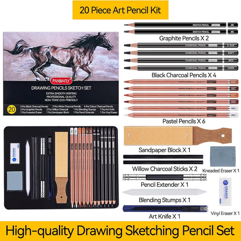 PANDAFLY Professional Colored Charcoal Pencils Drawing Set, 20 Pack Art Pencil Kit - Pastel Chalk Pencils, Black & White Charcoal Pencils, Graphit...