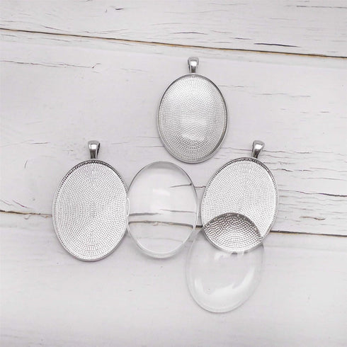 Julie Wang 10 Sets Silver Assorted Oval Setting Bezel Tray Pendant Blanks With Glass Cabochon 40x30mm...