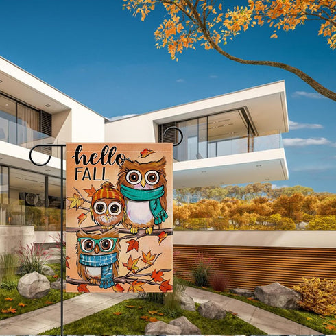 Hello Fall Owls Small Decorative Garden Flag, Autumn Maple Leaves Farmhouse Seasonal Yard Lawn Outside Decor, Thanksgiving Burlap Outdoor Home Dec...