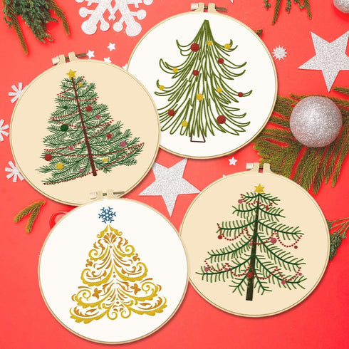 BEUNITONE 4PCS Christmas Tree Embroidery Kit Merry Christmas Stamped Cross Stitch Kit Snowflake Pine Tree Needlepoint Kit DIY Adult Beginner Stamp...
