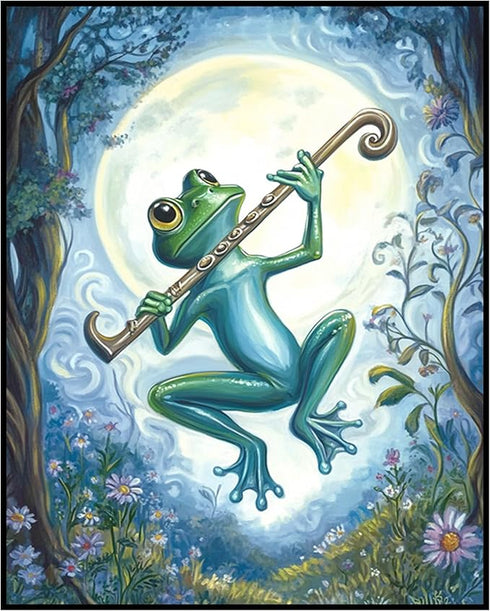 Posterizer 1 pcs-whimsical forest scene-frog playing music 3-Art for Animal Lovers-Fantasy & Fiction Art-Gift for Daughter, Son, Kids- unframed wa...