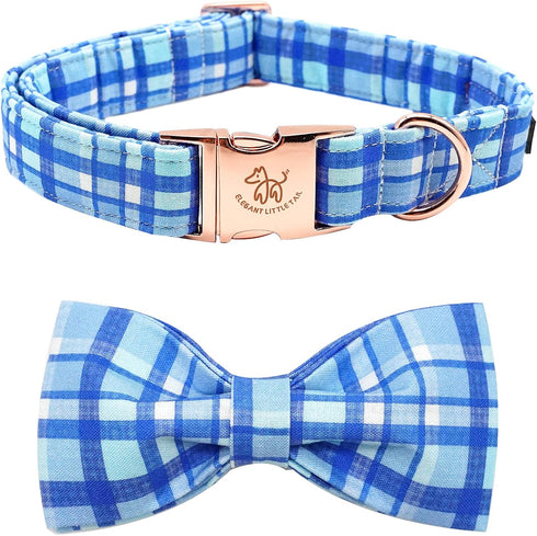 Elegant little tail Dog Collar, Blue Plaid Dog Collar Bow Boy Pet Collar with Metal Buckle Pet Dog Bows Soft Adjustable Dog Collar for Small Dogs...
