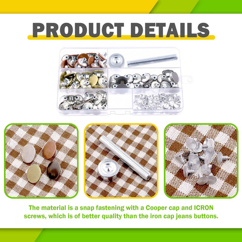 Keadic 202Pcs 5 Color No Sewing Jeans Buttons Replacement Kit with Metal Base, 17mm Metal Buttons Replacement Repair Combo Thread Rivets Tack Snap...