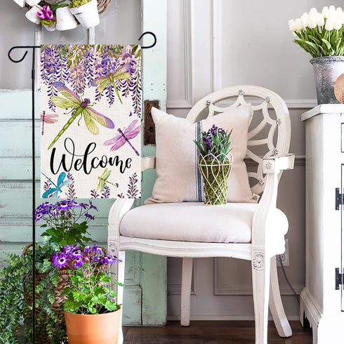 Baccessor Summer Spring Flower Garden Flag Wisteria Dragonfly Floral Welcome Small Yard Flag Burlap Double Sided Vertical Seasonal Farmhouse Weddi...