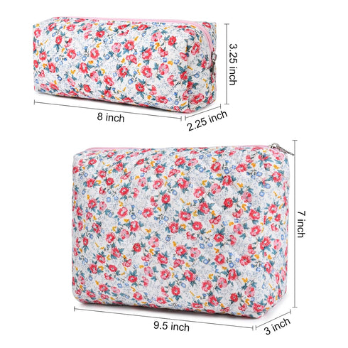 2 Pcs Quilted Makeup Bag Floral Cosmetic Bag Cotton Large Travel Coquette Toiletry Puffer Bag Aesthetic Cute Glossier Makeup Bag for Women Girls...
