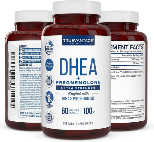 DHEA 100mg Supplement with Pregnenolone 60mg -Supports Hormone Balance, Lean Muscle Mass, Energy, Mood, Sleep, and Healthy Aging in Men and Women-...