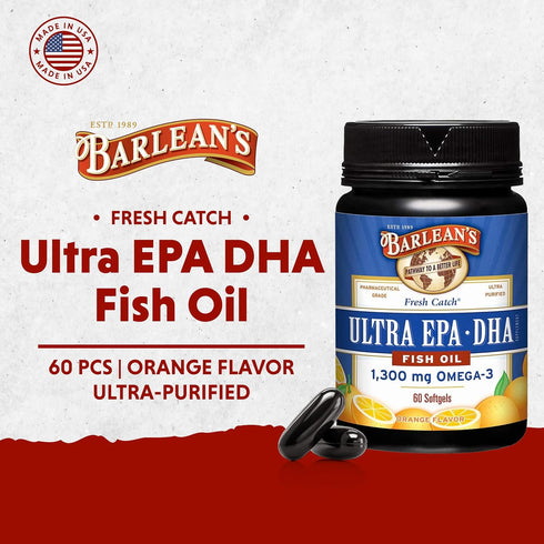 Barlean's Omega 3 Fish Oil Supplements, Supplement Softgels for Men and Women, 1300 mg Ultra EPA and DHA Fatty Acids, Orange Flavored, 60 Count...