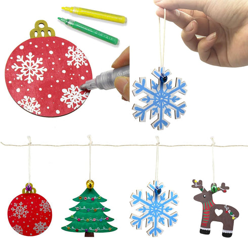 Hidreas 40 Pcs Wooden Ornaments Unfinished Christmas DIY Ornaments Craft Kit, Christmas Wood Ornaments with Bells, Wax Rope and Rhinestone Sticker...