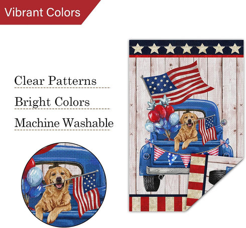 Louise Maelys 4th of July Garden Flag 12x18 Double Sided, Small Burlap Truck Golden Retriever Dog Welcome Patriotic Garden Yard House FLags for Me...