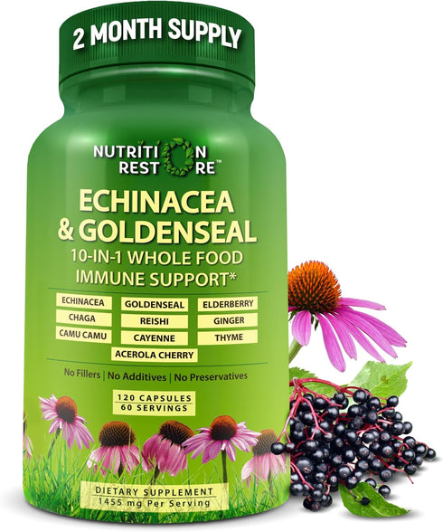 Echinacea Goldenseal Capsules - 10 in 1 Immune Support Supplement - 1455mg - Vegan Echinacea Capsules Supplement Made With Organic Whole Foods - H...