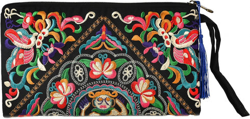 Floral Embroidered Boho Wristlet Women Girls Evening Clutch Bags Handbags Handmade Beach Bag With Lanyard...