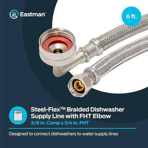 Eastman 6 foot Dishwasher Supply Line, 3/8 Inch Compression x 3/4 Inch FHT Elbow, Braided Stainless Steel Dishwasher Connectors, 41043...