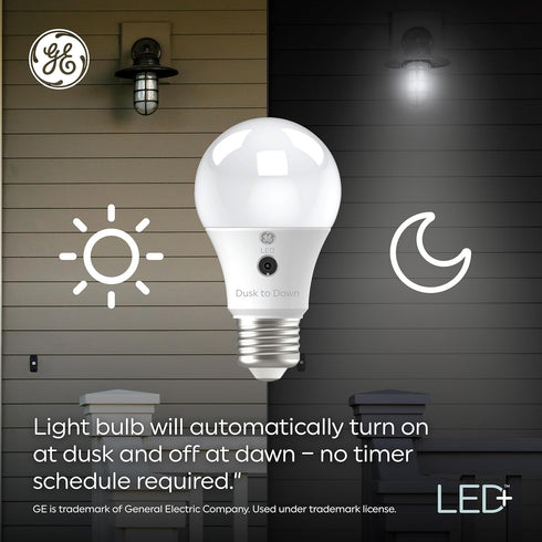 GE LED+ A19 Dusk to Dawn LED Light Bulb, Automatic On/Off Outdoor Security Light, Daylight (2 Pack)...