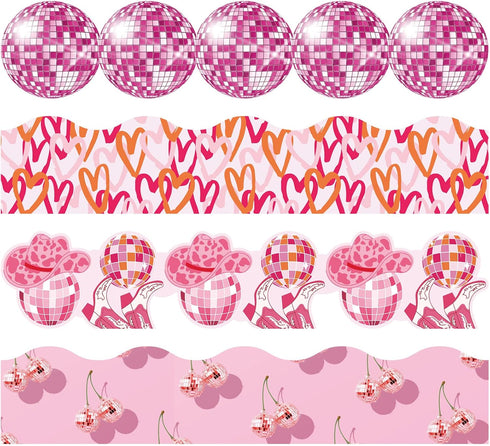 80 Pcs 91.8 ft Pink Disco Classroom Bulletin Board Borders Cowboy Disco Bulletin Board Trim Self Adhesive Scalloped Borders Decorations Stickers f...