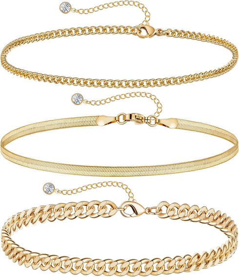 DEARMAY Gold Ankle Bracelets for Women Waterproof 3Pcs 14K Gold Plated Anklets Layered Cuban Link Chain Herringbone Dainty Cute Anklets Set Pack S...