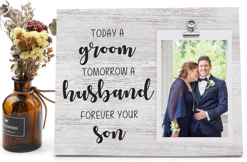 Mother of the Groom Gifts, Wood Picture Frame Holds 4 X 6 Photo, Father of The Groom Gift, Wedding Gift for Parents from Groom, Today a Groom, Tom...