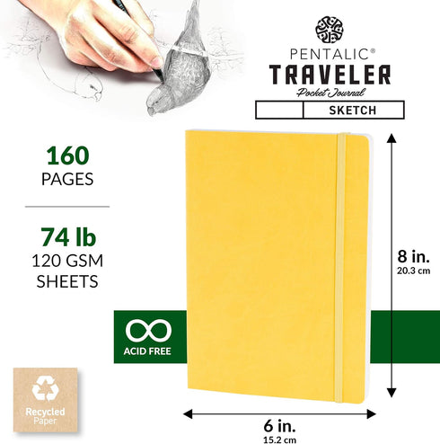Pentalic Art Traveler Pocket Journal Sketch Book, 6" x 8", Yellow Gold...