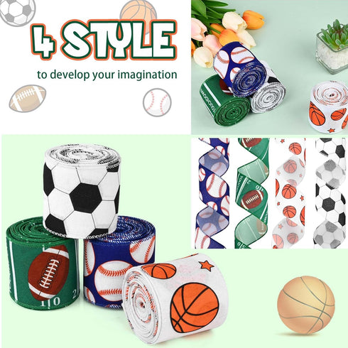 4 Rolls 20 Yards Sports Themed Wired Edge Ribbon, 2.5" Football Baseball Basketball Soccer Printed Burlap Ribbon for Birthday Sports Camp Party De...