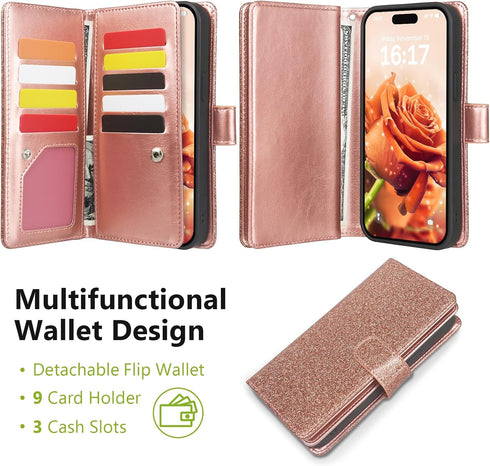 Varikke for iPhone 13 Pro Max Wallet Case Detachable with Card Holder for Women, Fashion Glitter PU Leather Strap Magnetic Flip Wallet Removable P...