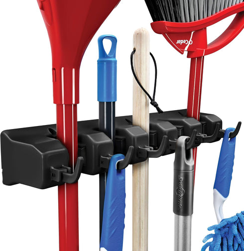 Mop and Broom Holder Wall Mount - Garage Storage Organizer with 5 Slots, 6 Hooks, 7.5lbs Capacity Per Slot - Home, Kitchen, Closet, Garden Tools, ...