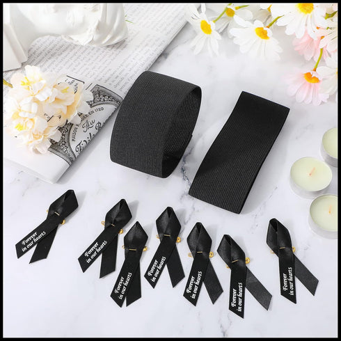 50 Pcs Mourning Ribbon Pins Black Funeral Memorial Ribbon Pins and 25 Pcs Funeral Mourning Arm Bands Forever in Our Heart Classic Elastic Armband ...