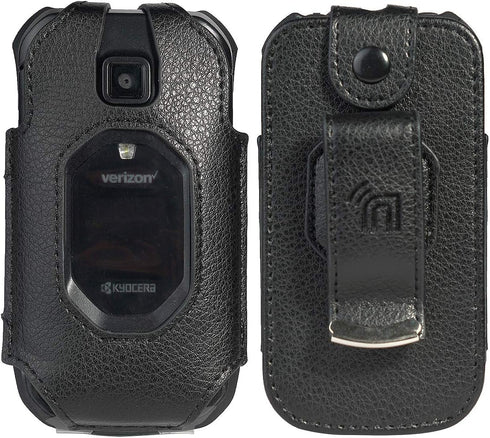 Nakedcellphone Fitted Series for Kyocera DuraXV Extreme, DuraXE Epic, DuraXA Equip Case, Black Vegan Leather Cover with [Built-in Screen Protectio...
