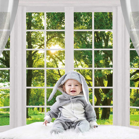 Allenjoy 7x5ft Spring Window Scenery Photography Backdrop White Windowsill Floral Green Forest Natural Photocall Background Party Banner Wall Deco...