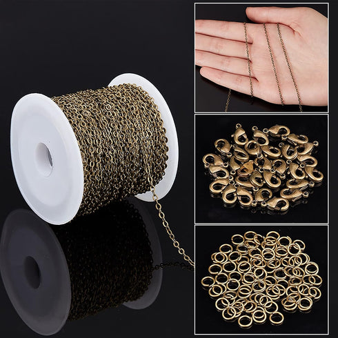 SUNNYCLUE 32.8Feet/10m Antique Bronze Chain Bulk Brass Curb Chain 2.6x2x0.3mm Links Cable Chains for Jewelry Making Chains 100Pcs Iron Jump Rings ...