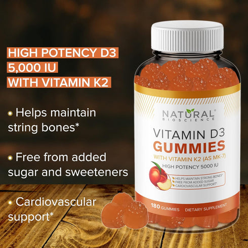 Sugar Free Vitamin D3 K2 Gummies - Vitamin D3 Gummies 5000 IU+K2 MK7 80 mcg, K2 D3 Vitamin Supplement Adults, Vitamin D K2 for Bones, Immune, Hear...