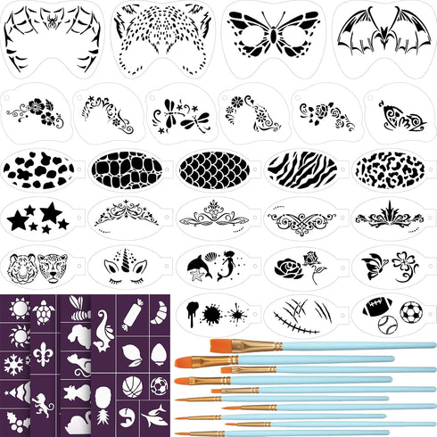 42 Pcs Face Paint Stencils Kits Includes 28 Reusable Facial Painting Stencils with 4 Stickers 10 Painting Brushes Plastic Tattoo Painting Template...