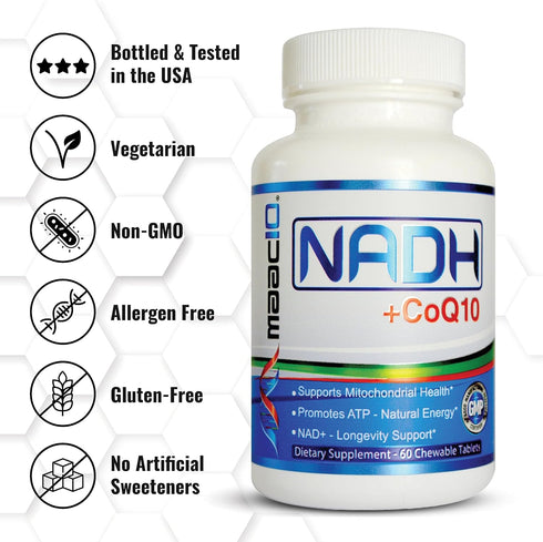 MAAC10 NADH + CoQ10 Supplement | Great Tasting Chewable Tablets | 50mg PANMOL® NADH + 100mg CoQ10 | for Fatigue, Energy and Mental Focus | NAD+ Su...