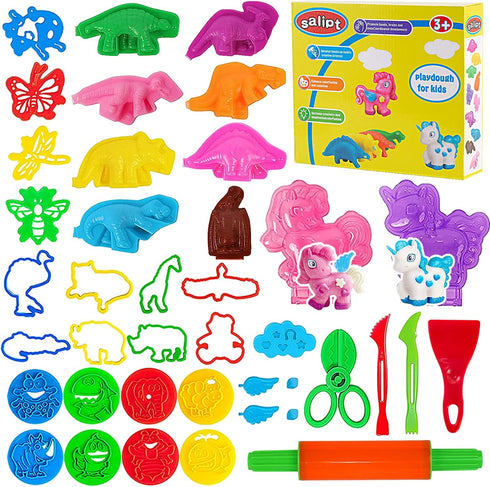 salipt Play Dough Tools for Kids, 40 PCS Playdough Tools Kit Include Dough Dinosaur Unicorn Animal World Accessory,Molds Rollers Cutters Scissors ...