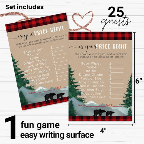 Mama Bear Baby Shower Games for Boys - Guess The Price is Right - 25 Cards - Fun Activities for Guests with Prizes - Lumberjack Theme in Red and B...