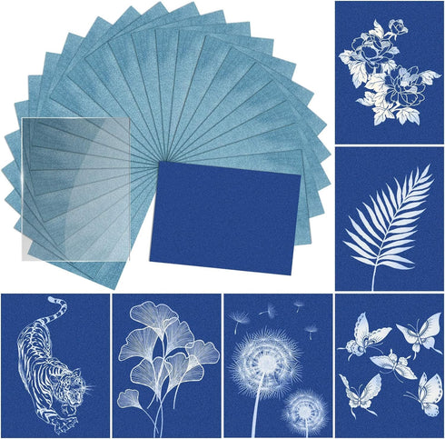 Sun Print Paper Kit Cyanotype Paper, 24 Sheets Cyanotype Papers with 1 Sheet Acrylic Panel, High Sensitive Nature Sun/Solar Activated Sun Printing...