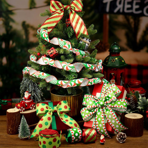 Riceshoot 4 Roll 40 Yards Christmas Green Red Ribbon Wired 1.97 Inch Christmas Glitter Stripe Ribbon Wide Green Red Wired Edge Xmas Polka Dot Ribb...