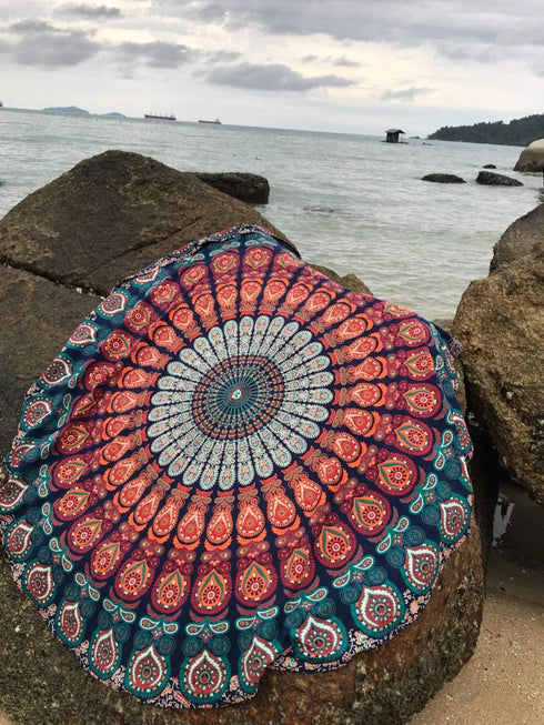 raajsee Round Beach Tapestry Blue Orange Mandala Throw/Boho Hippie Beach Blanket Roundie/Indian Cotton Bohemian Large Round Table Cloth/Yoga Mat M...