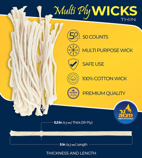 Ner Mitzvah Natural Smokeless Cotton Wicks – 50 Count (Approx.) 39 Ply Thin for Oil Cup Candle – Replacement Wicks...