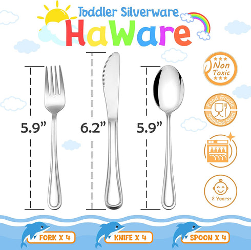HaWare 12-Piece Kids Silverware, Stainless Steel Toddler Utensils Flatware Set, Preschooler Eating Utensils Includes 4 Spoons 4 Forks 4 Knives, Me...