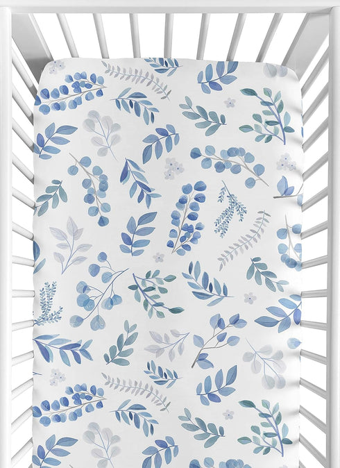 Sweet Jojo Designs Floral Leaf Boy or Girl Fitted Crib Sheet Baby or Toddler Bed Nursery - Blue Grey and White Boho Watercolor Botanical Flower Wo...