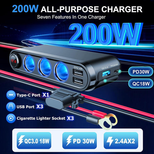 12V Car Cigarette Lighter Socket, 200W 3 Socket Cigarette Lighter Plug Splitter USB Charger Adapter 12 Volt Socket Power Outlet Auxiliary Cigarett...