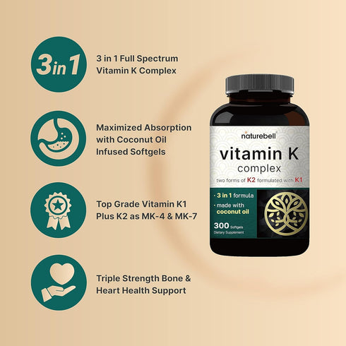 NatureBell Vitamin K Complex, K1 + K2 (MK-7 & MK-4) 2,600mcg Per Serving, 300 Coconut Oil Softgels | Max Absorption – Full Spectrum K Vitamins Sup...