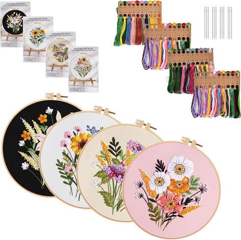 CHWANG Embroidery Starter Kit 4 Pack Floral Cross Stitch Beginner Kit with Plastic Hoop, Instructions and Threads, Full Range of Embroidery Kits f...