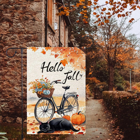 Hello Fall Garden Flag 12x18 Double Sided, Small Burlap Autumn Black Cat Bicycle Garden Flag Fall Thanksgiving pumpkin Outside Outdoor House Yard ...
