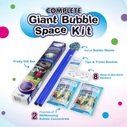 WOWMAZING Giant Bubble Kit: Space - Incl. Wand, 2 Big Bubble Concentrate Pouches and 8 Glow-in-The-Dark Stickers | Outdoor Toy for Kids, Girls | B...